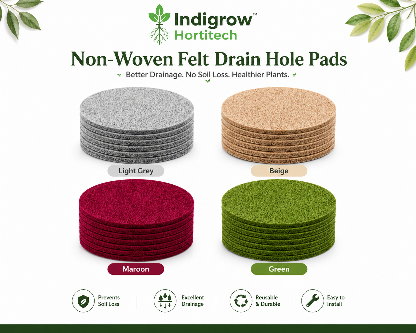 Drain Smart Felt Pot Drain Hole Pads Pack of 25 | 2.45 Inch Round Shape, Prevents Soil Loss, Reusable Covers, For Bonsai & Succulents, Indoor & Outdoor Use