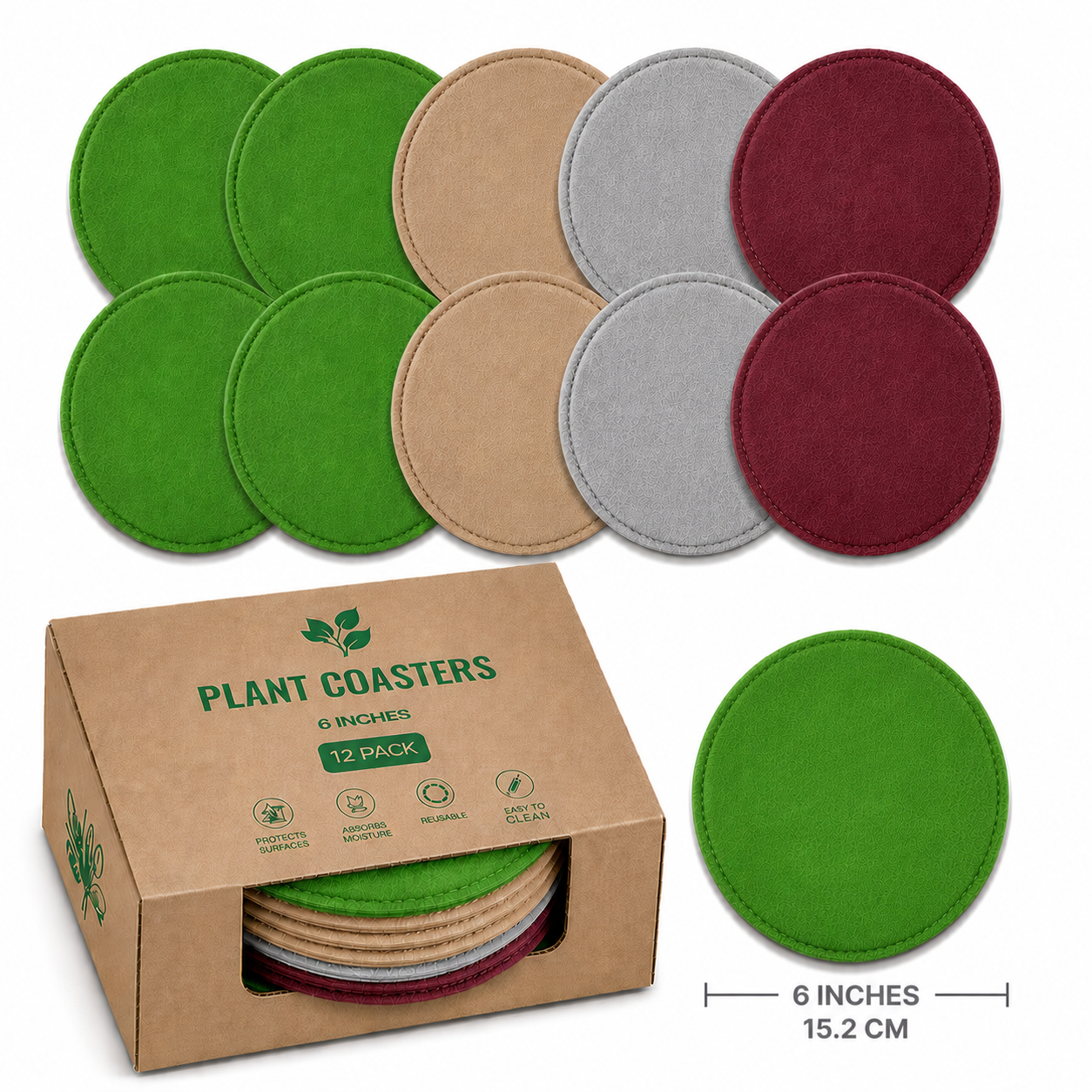 Indigrow Plant Coasters for Pots | Absorbent Fabric Mats with Waterproof Backing | Fast Drying | Protects Floors & Surfaces | Indoor & Outdoor Use | 6 Inches | Pack of 12