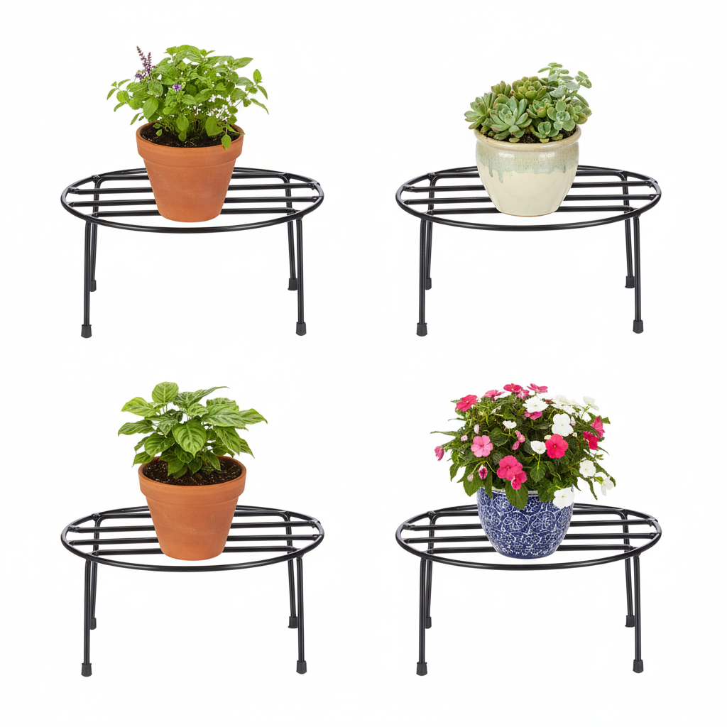 Indigrow Hortitech Metal Plant Stand, Black, Round, Powder Coated, Heavy Duty, Set of 4, for Indoor and Balcony Use