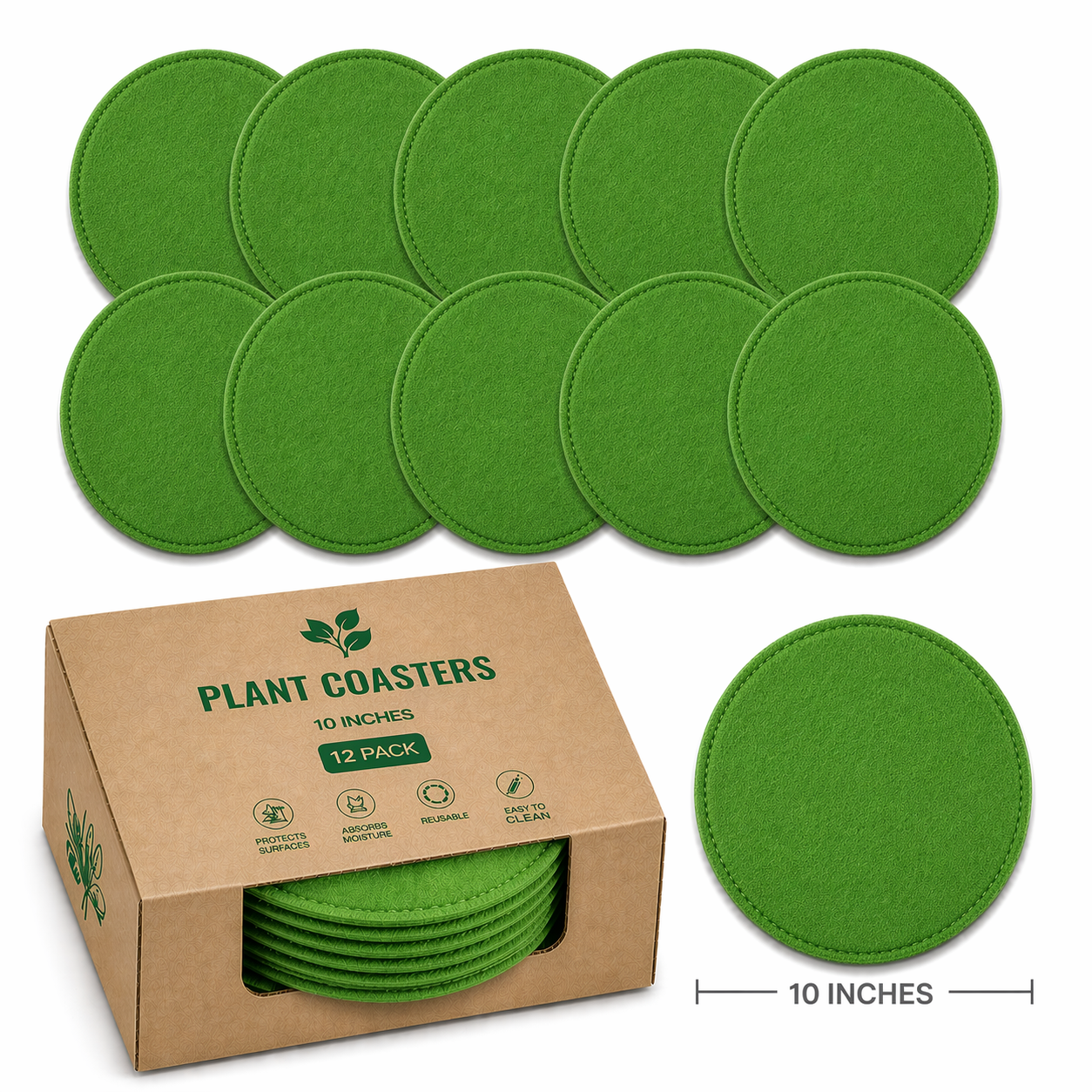 Indigrow Plant Coasters for Pots | Absorbent Fabric Mats with Waterproof Backing | Fast Drying | Protects Floors & Surfaces | Indoor & Outdoor Use |10 Inches| Pack of 12
