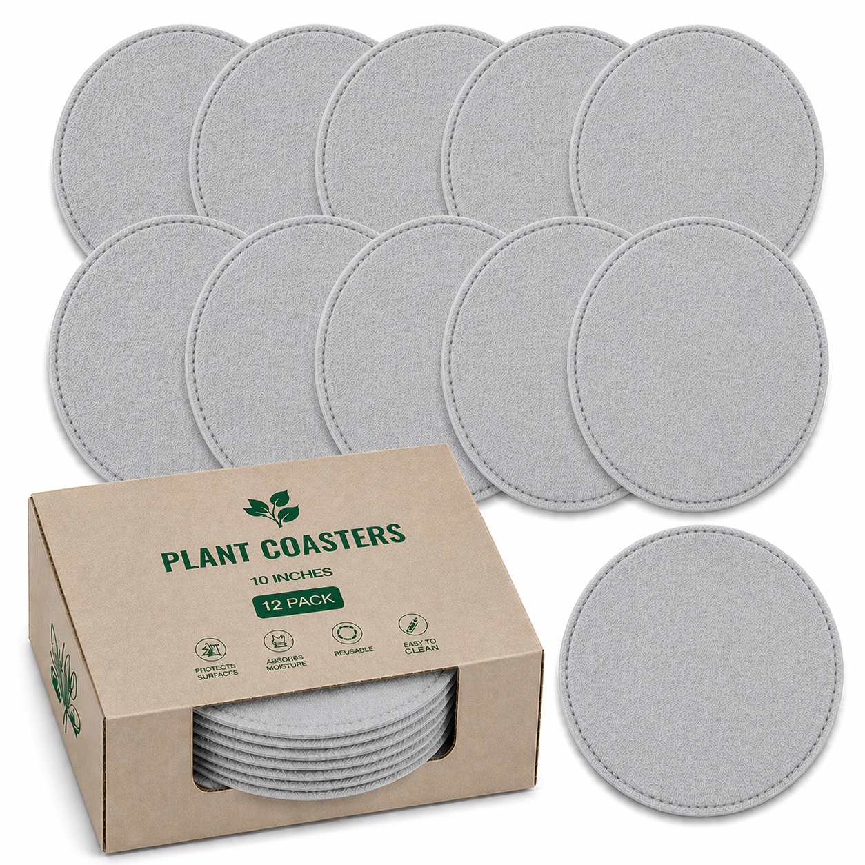 Indigrow Plant Coasters for Pots | Absorbent Fabric Mats with Waterproof Backing | Fast Drying | Protects Floors & Surfaces | Indoor & Outdoor Use |10 Inches| Pack of 12