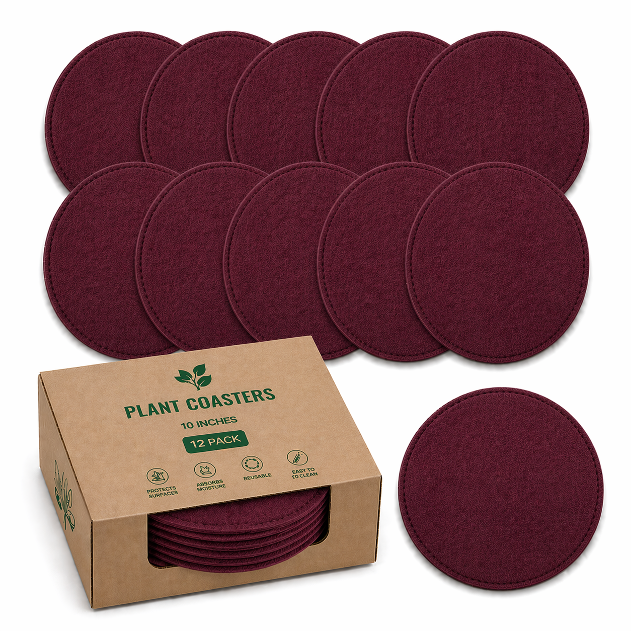 Indigrow Plant Coasters for Pots | Absorbent Fabric Mats with Waterproof Backing | Fast Drying | Protects Floors & Surfaces | Indoor & Outdoor Use |10 Inches| Pack of 12