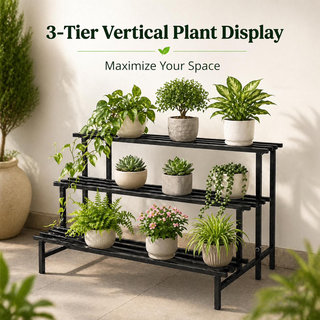 Indigrow 3 Tier Plant Stand Metal | Heavy Duty Square Tube Plant Rack | Multi Level Plant Holder for Indoor Outdoor Balcony | Modern Plant Display Organizer (Black)