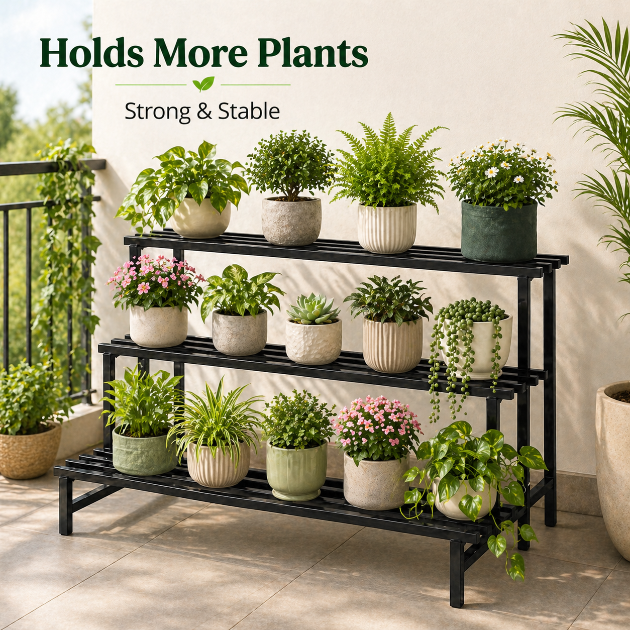 Indigrow 3 Tier Plant Stand Metal | Heavy Duty Square Tube Plant Rack | Multi Level Plant Holder for Indoor Outdoor Balcony | Modern Plant Display Organizer (Black)