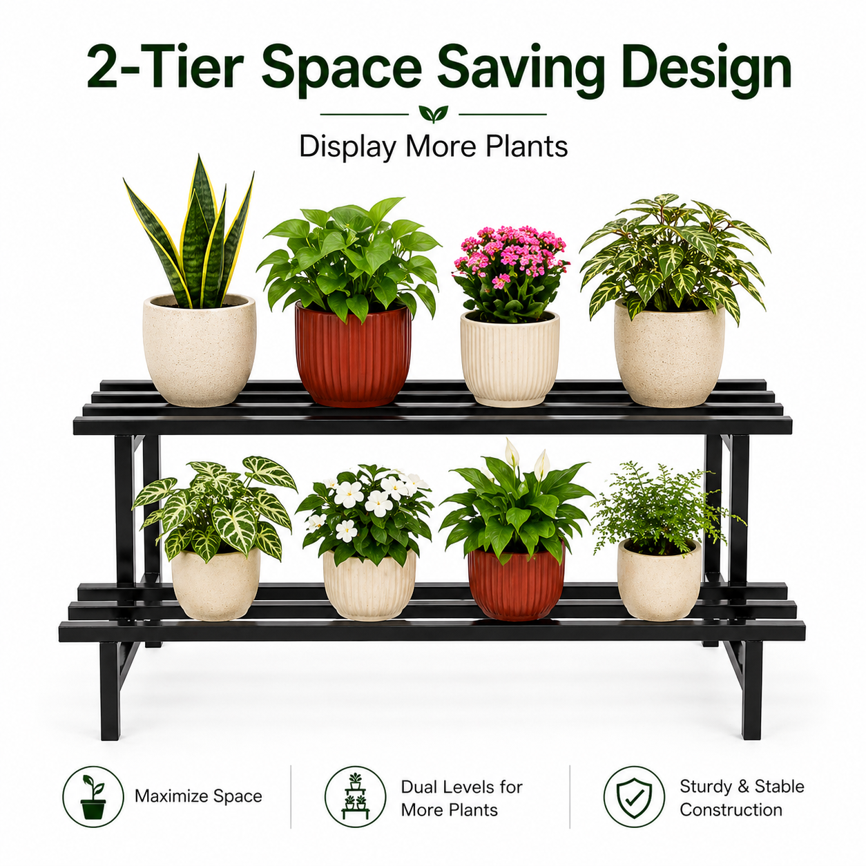 Indigrow 2 Tier Plant Stand Metal | Heavy Duty Square Tube Pot Stand | Multi Level Plant Holder for Indoor Outdoor Balcony | Modern Plant Display Rack (Black)