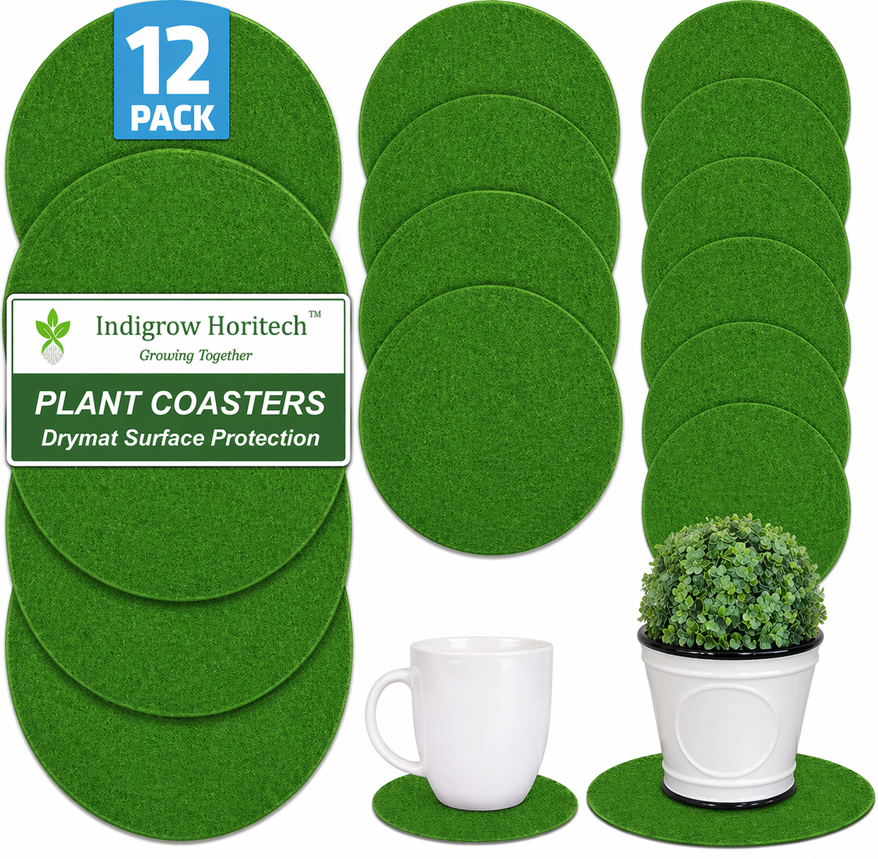 Indigrow Plant Coasters for Pots | Absorbent Fabric Mats with Waterproof Backing | Fast Drying | Protects Floors & Surfaces | Indoor & Outdoor Use | 6 Inches | Pack of 12