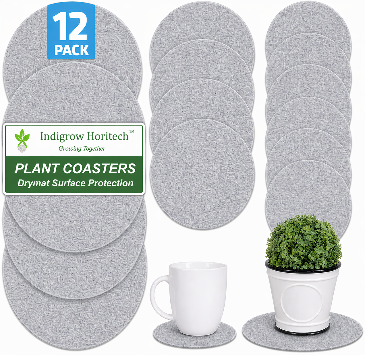 Indigrow Plant Coasters for Pots | Absorbent Fabric Mats with Waterproof Backing | Fast Drying | Protects Floors & Surfaces | Indoor & Outdoor Use | 6 Inches | Pack of 12