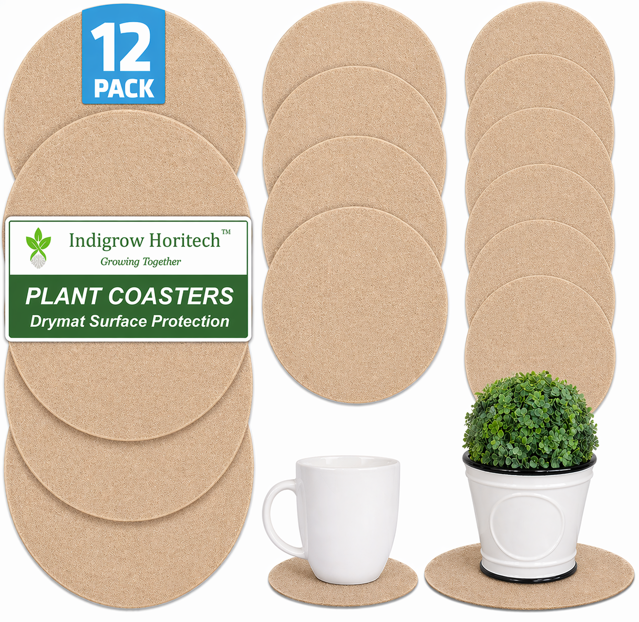 Indigrow Plant Coasters for Pots | Absorbent Fabric Mats with Waterproof Backing | Fast Drying | Protects Floors & Surfaces | Indoor & Outdoor Use | 6 Inches | Pack of 12