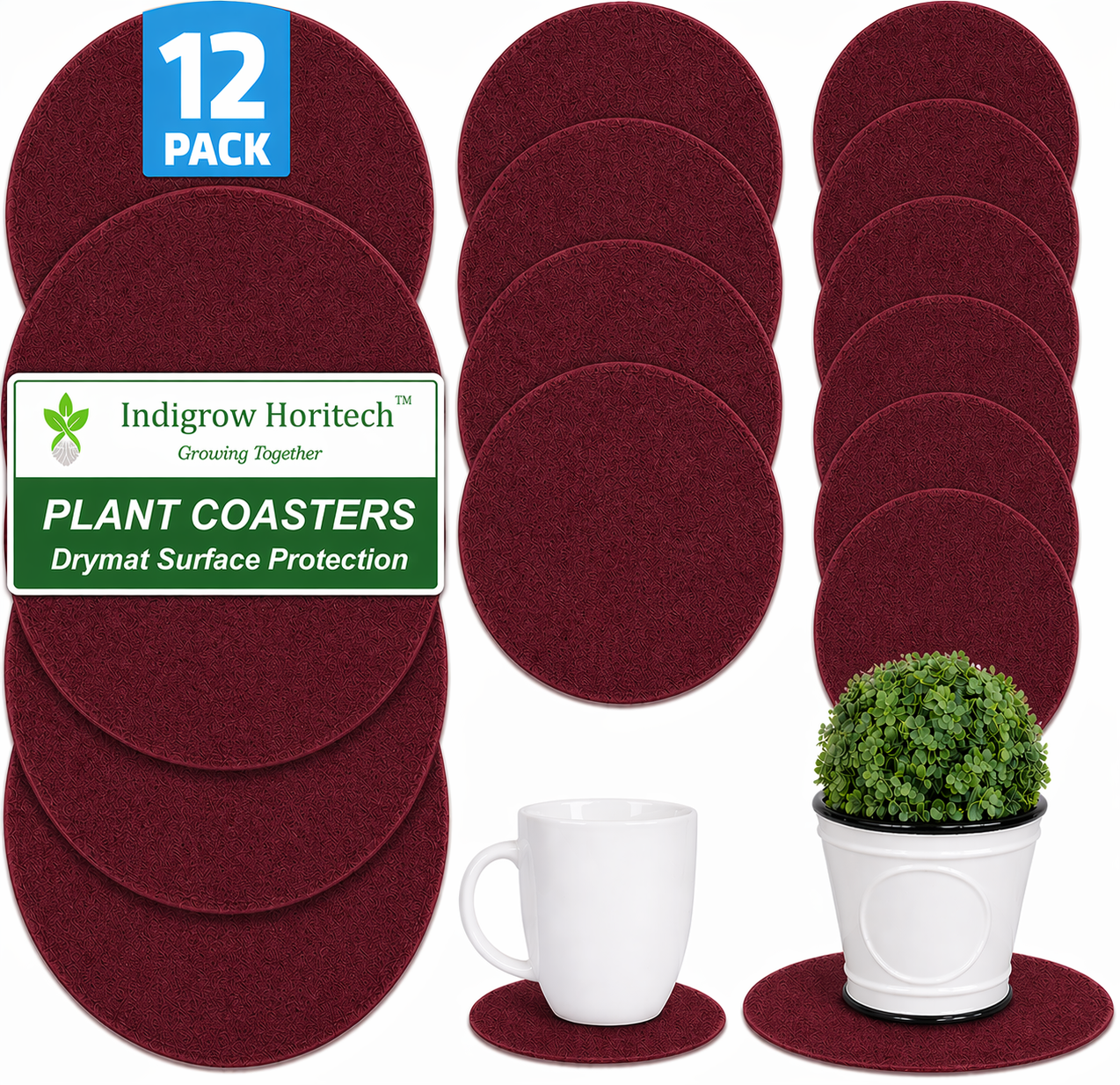 Indigrow Plant Coasters for Pots | Absorbent Fabric Mats with Waterproof Backing | Fast Drying | Protects Floors & Surfaces | Indoor & Outdoor Use | 6 Inches | Pack of 12