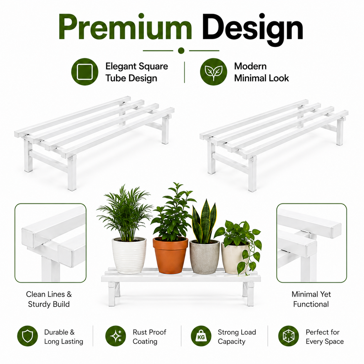 Indigrow Metal Plant Stand Rectangular | Heavy Duty Square Tube Pot Riser | Modern Indoor Outdoor Plant Holder | Rust Proof Balcony Plant Stand (Set 0f 2)