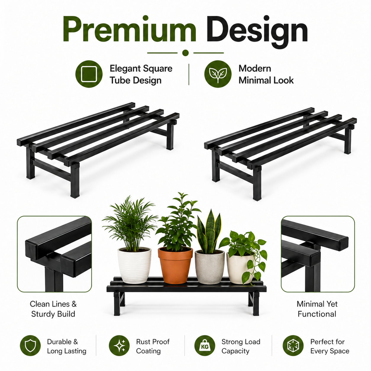 Indigrow Metal Plant Stand Rectangular | Heavy Duty Square Tube Pot Riser | Modern Indoor Outdoor Plant Holder | Rust Proof Balcony Plant Stand (Set 0f 2)