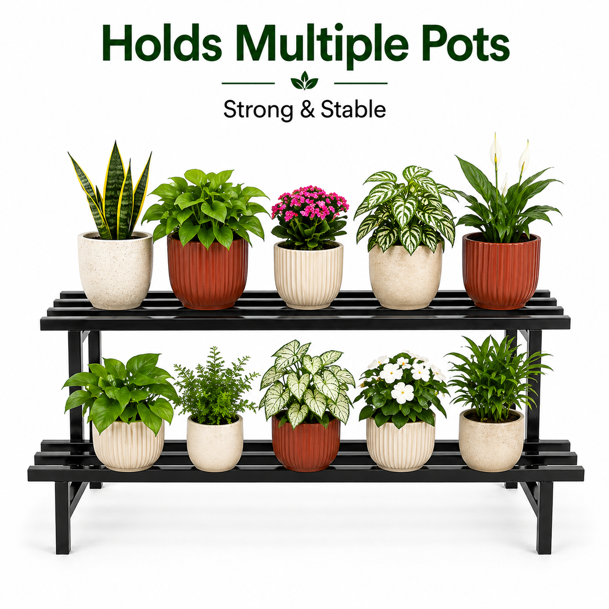 Indigrow 2 Tier Plant Stand Metal | Heavy Duty Square Tube Pot Stand | Multi Level Plant Holder for Indoor Outdoor Balcony | Modern Plant Display Rack (Black)