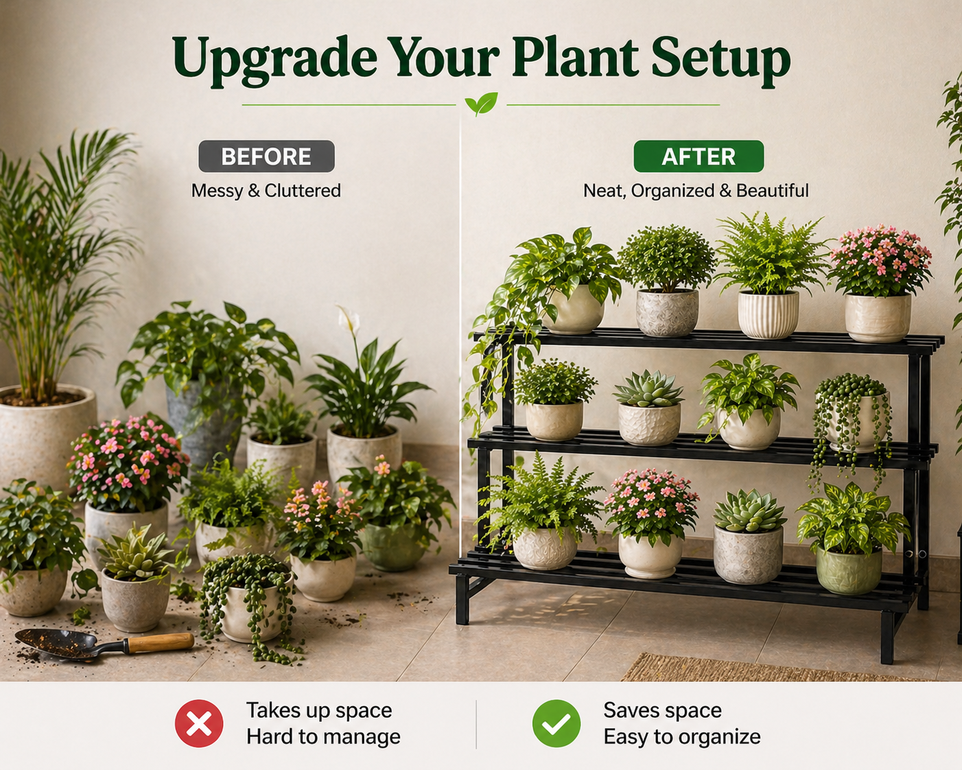 Indigrow 3 Tier Plant Stand Metal | Heavy Duty Square Tube Plant Rack | Multi Level Plant Holder for Indoor Outdoor Balcony | Modern Plant Display Organizer (Black)