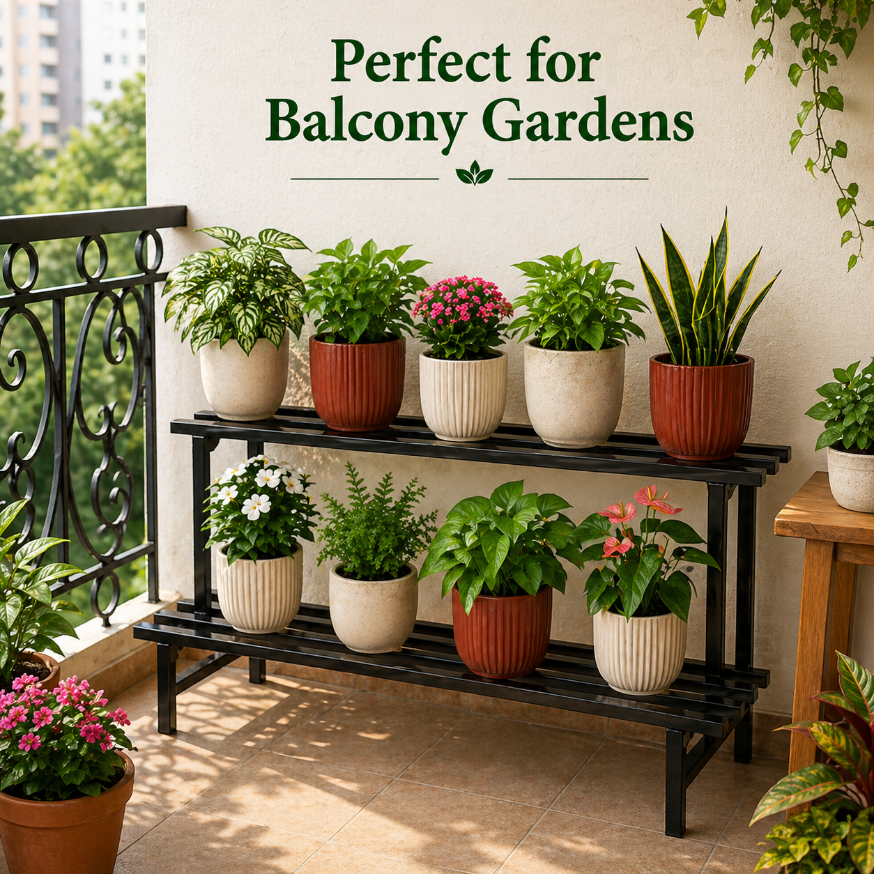 Indigrow 2 Tier Plant Stand Metal | Heavy Duty Square Tube Pot Stand | Multi Level Plant Holder for Indoor Outdoor Balcony | Modern Plant Display Rack (Black)