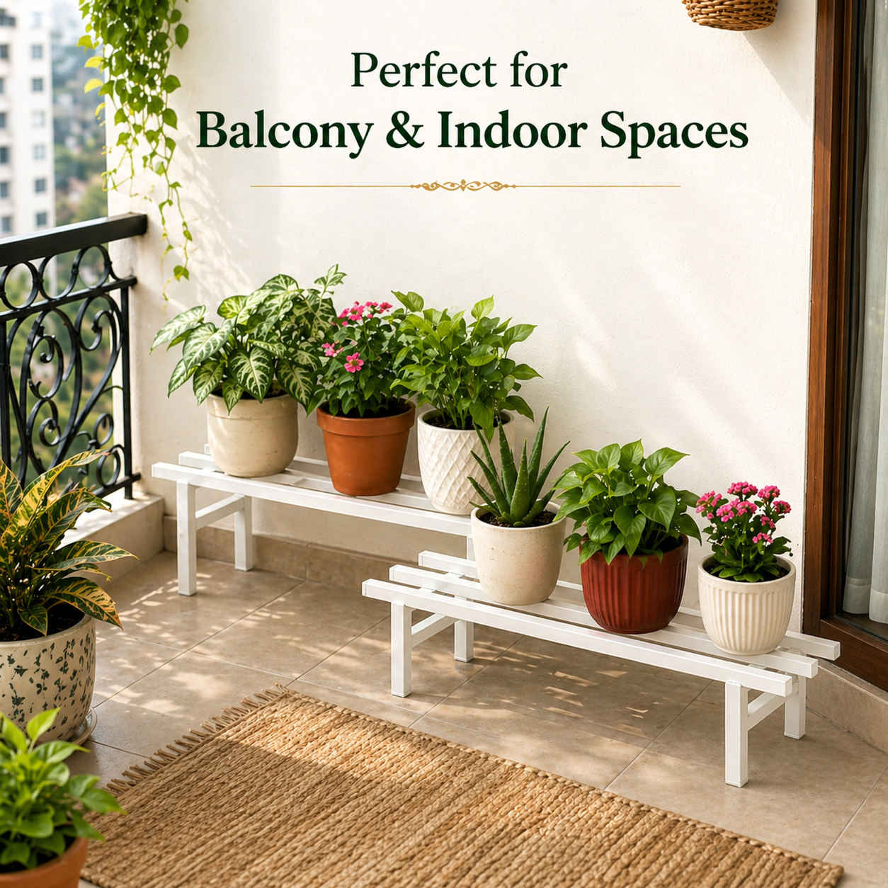 Indigrow Metal Plant Stand Rectangular | Heavy Duty Square Tube Pot Riser | Modern Indoor Outdoor Plant Holder | Rust Proof Balcony Plant Stand (Set 0f 2)