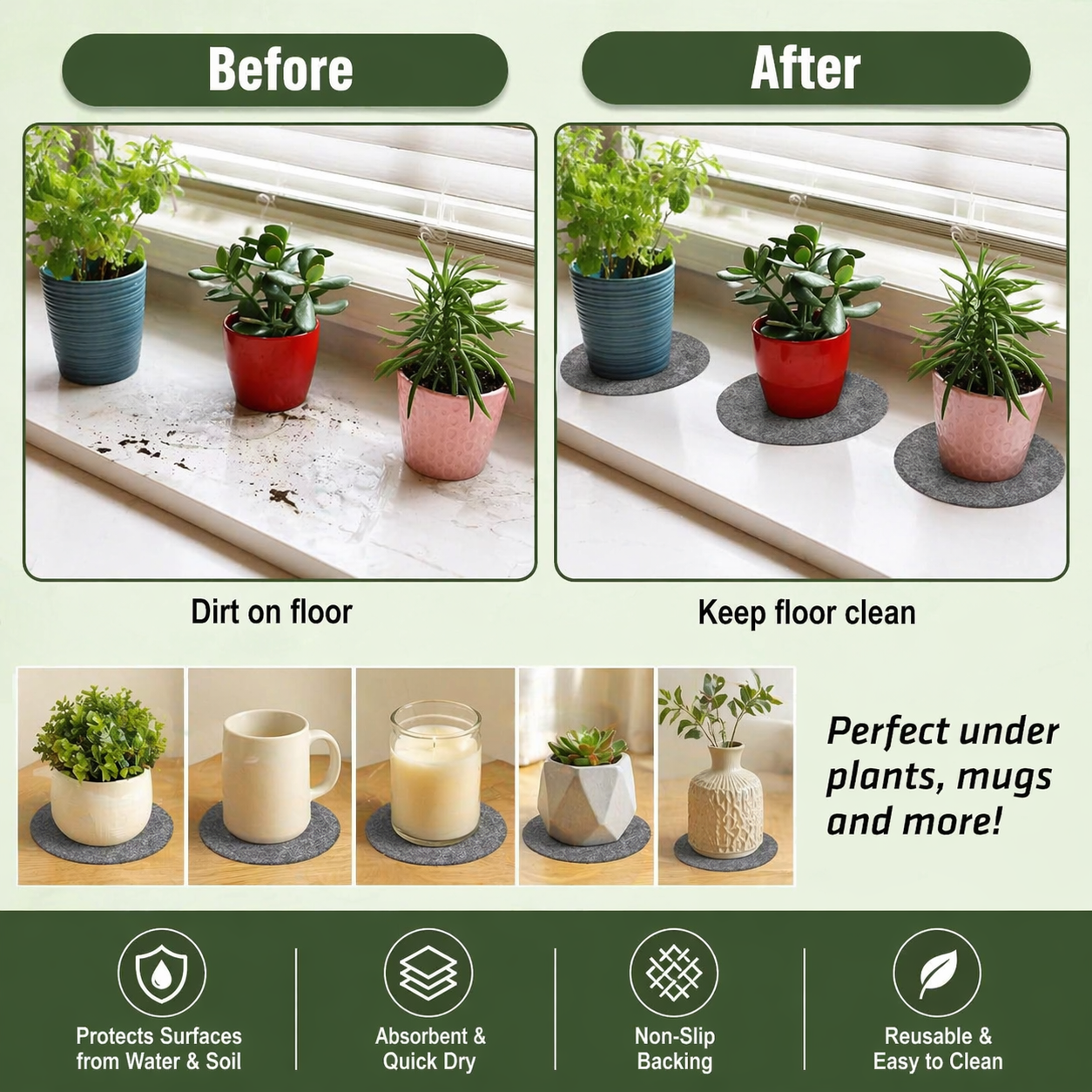 Indigrow Plant Coasters for Pots | Absorbent Fabric Mats with Waterproof Backing | Fast Drying | Protects Floors & Surfaces | Indoor & Outdoor Use | 8 Inches | Pack of 12