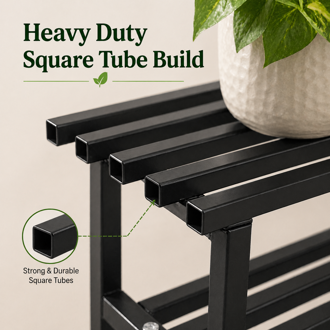 Indigrow 3 Tier Plant Stand Metal | Heavy Duty Square Tube Plant Rack | Multi Level Plant Holder for Indoor Outdoor Balcony | Modern Plant Display Organizer (Black)