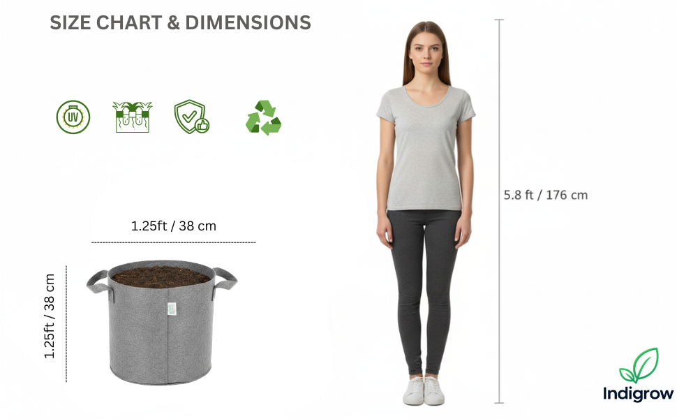 Indigrow Superior Geo Fabric Grow Bag 15x15 Inch | 400 GSM Heavy Duty | UV Protected | Large Fabric Pot with Handles | For Fruit Trees, Banana, Papaya & Kitchen Garden