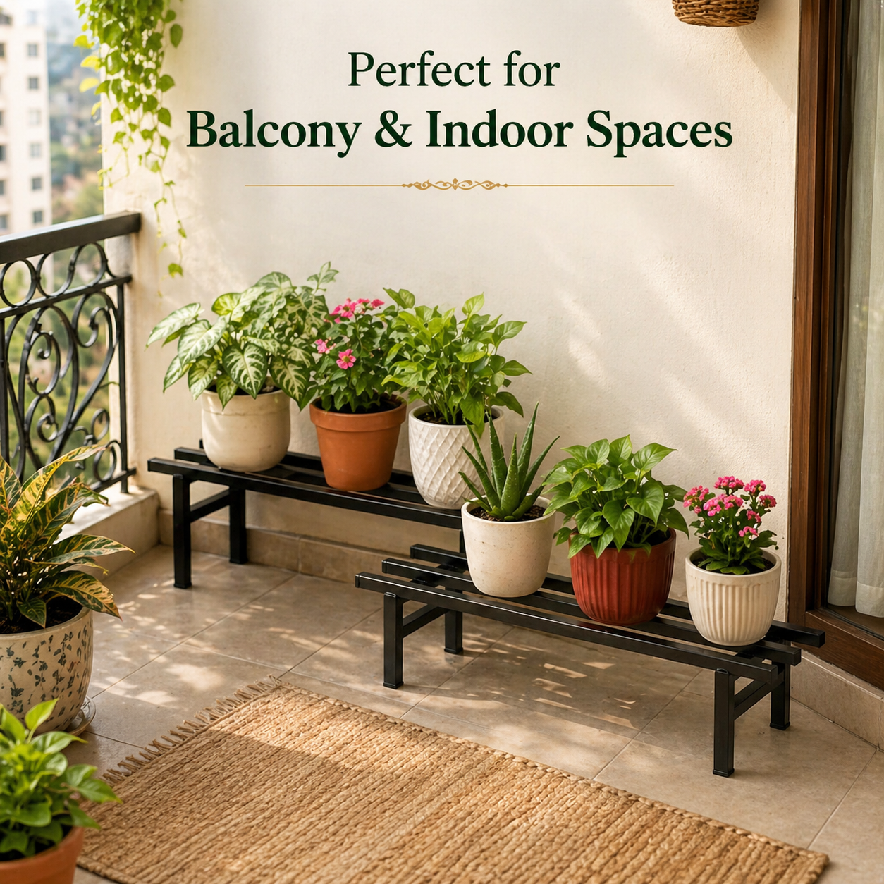 Indigrow Metal Plant Stand Rectangular | Heavy Duty Square Tube Pot Riser | Modern Indoor Outdoor Plant Holder | Rust Proof Balcony Plant Stand (Set 0f 2)
