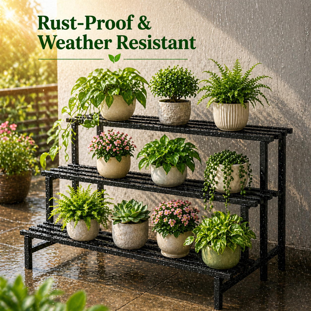 Indigrow 3 Tier Plant Stand Metal | Heavy Duty Square Tube Plant Rack | Multi Level Plant Holder for Indoor Outdoor Balcony | Modern Plant Display Organizer (Black)