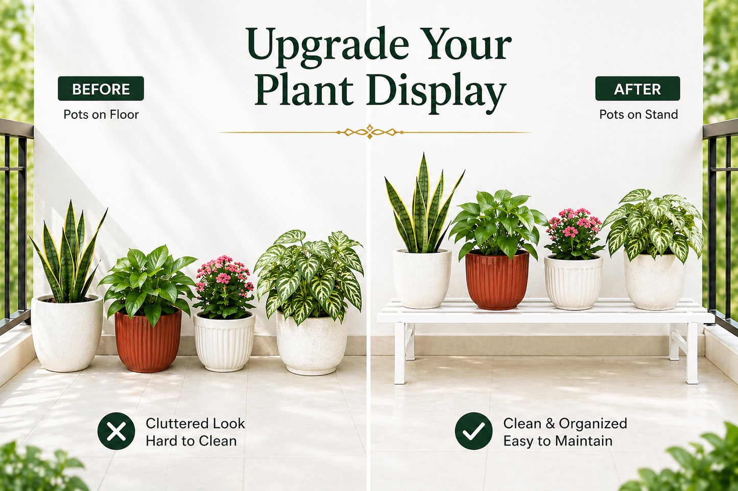 Indigrow Metal Plant Stand Rectangular | Heavy Duty Square Tube Pot Riser | Modern Indoor Outdoor Plant Holder | Rust Proof Balcony Plant Stand (Set 0f 2)