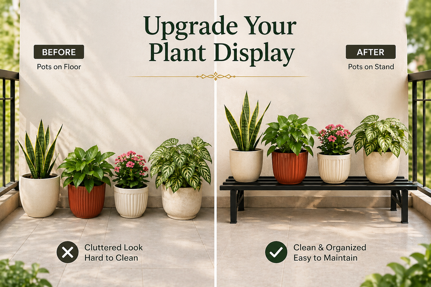 Indigrow Metal Plant Stand Rectangular | Heavy Duty Square Tube Pot Riser | Modern Indoor Outdoor Plant Holder | Rust Proof Balcony Plant Stand (Set 0f 2)