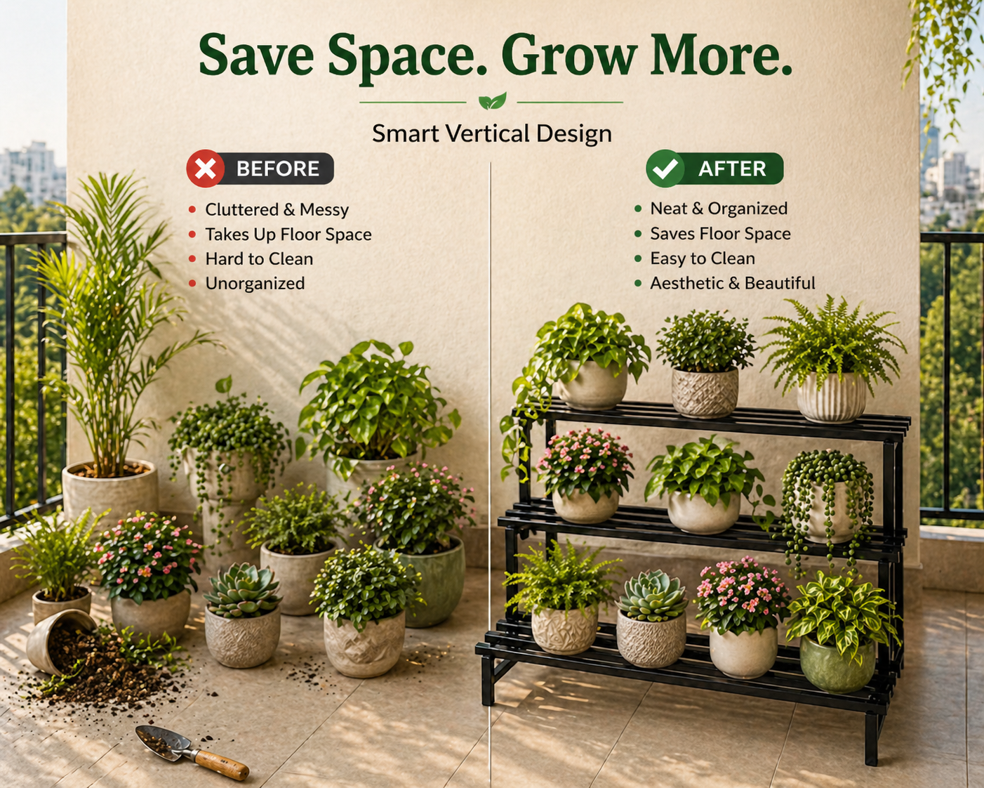 Indigrow 3 Tier Plant Stand Metal | Heavy Duty Square Tube Plant Rack | Multi Level Plant Holder for Indoor Outdoor Balcony | Modern Plant Display Organizer (Black)