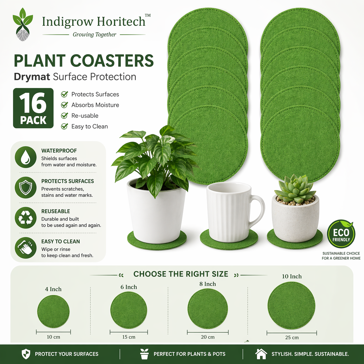 Indigrow Plant Coasters for Pots | Absorbent Fabric Mats with Waterproof Backing | Fast Drying | Protects Floors & Surfaces | Indoor & Outdoor Use | 6 Inches | Pack of 12