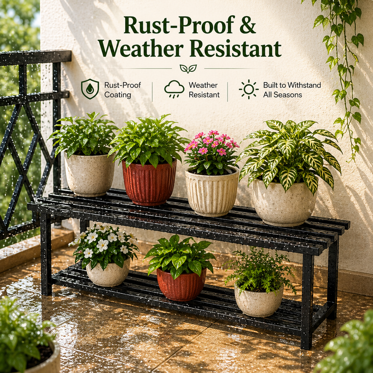 Indigrow 2 Tier Plant Stand Metal | Heavy Duty Square Tube Pot Stand | Multi Level Plant Holder for Indoor Outdoor Balcony | Modern Plant Display Rack (Black)