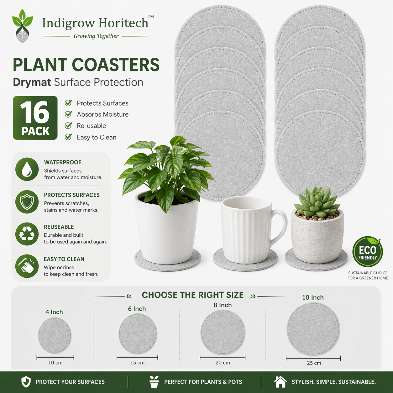 Indigrow Plant Coasters for Pots | Absorbent Fabric Mats with Waterproof Backing | Fast Drying | Protects Floors & Surfaces | Indoor & Outdoor Use | 6 Inches | Pack of 12
