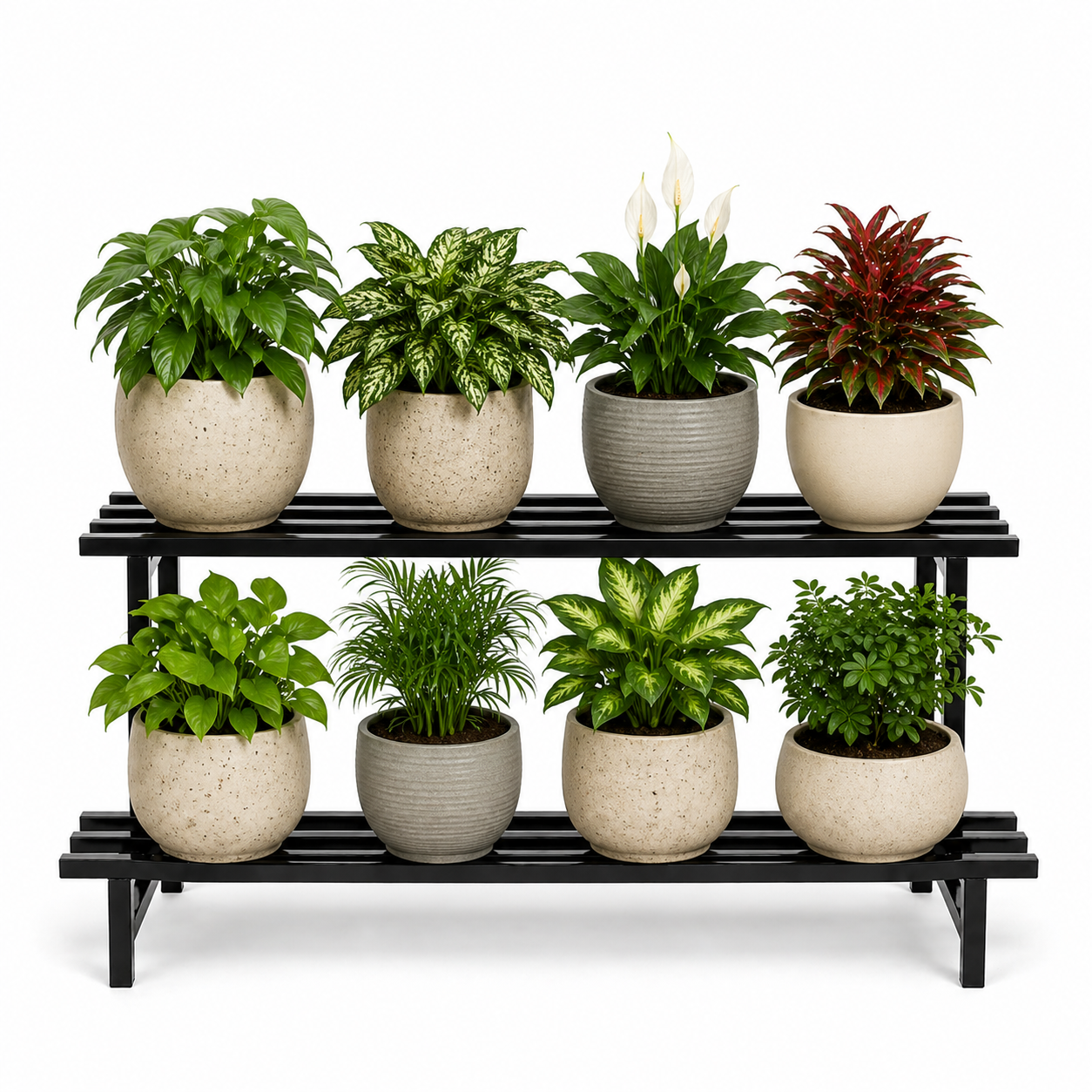 Indigrow 2 Tier Plant Stand Metal | Heavy Duty Square Tube Pot Stand | Multi Level Plant Holder for Indoor Outdoor Balcony | Modern Plant Display Rack (Black)