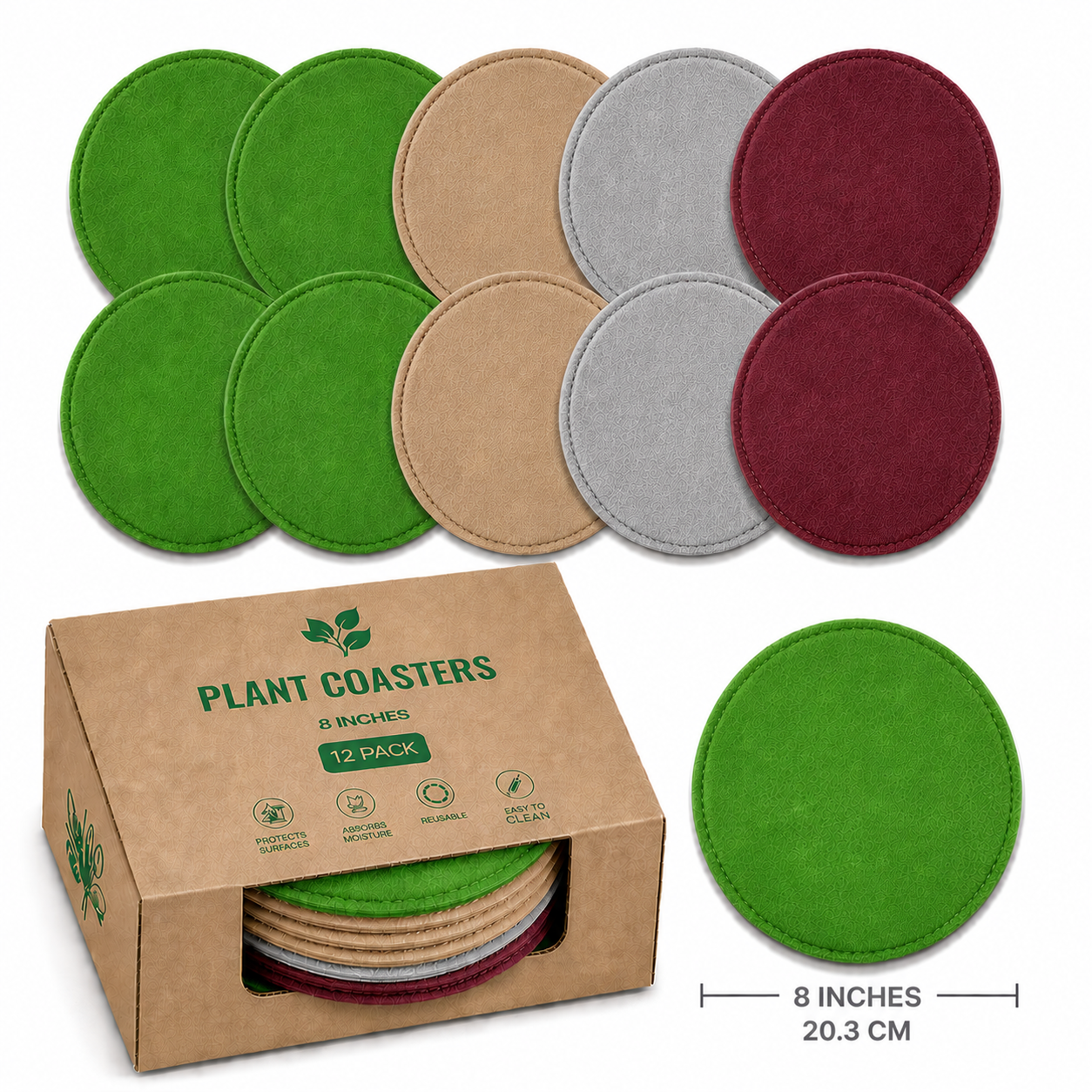 Indigrow Plant Coasters for Pots | Absorbent Fabric Mats with Waterproof Backing | Fast Drying | Protects Floors & Surfaces | Indoor & Outdoor Use | 8 Inches | Pack of 12