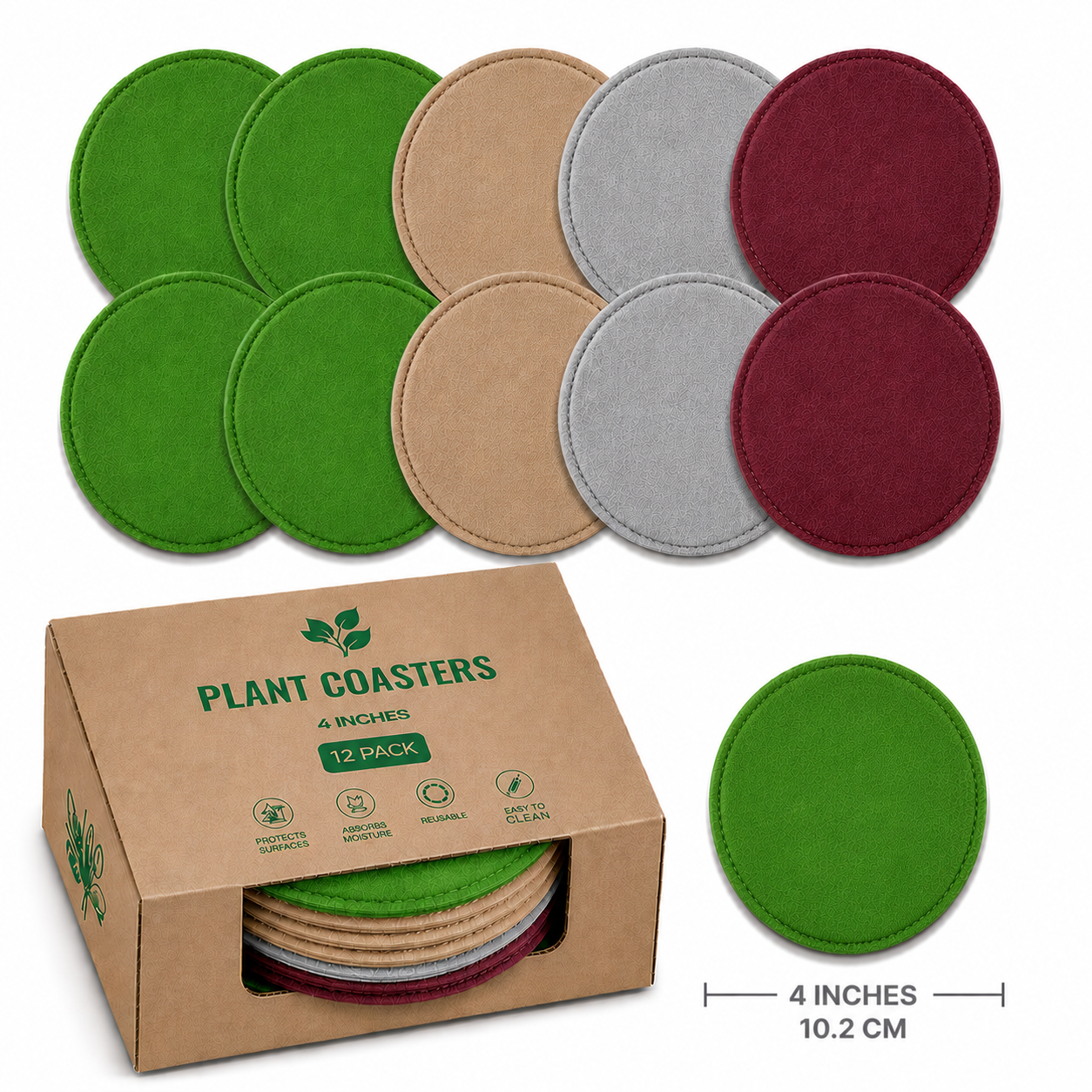 Indigrow Plant Coasters for Pots | Absorbent Fabric Mats with Waterproof Backing | Fast Drying | Protects Floors & Surfaces | Indoor & Outdoor Use | 4 Inches | Pack of 12