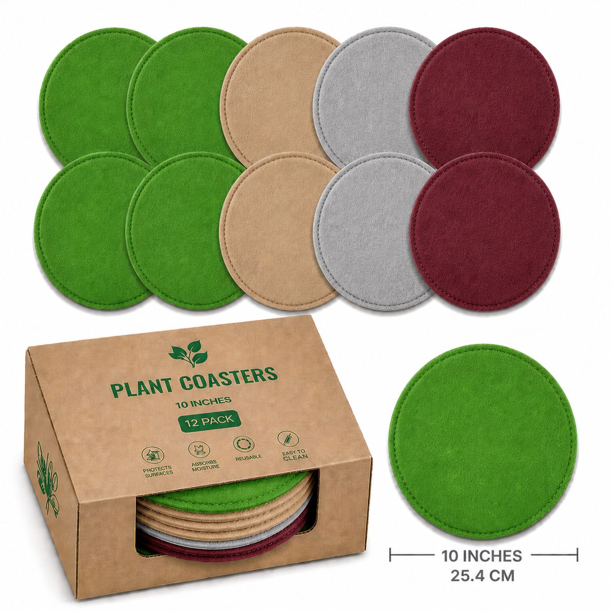 Indigrow Plant Coasters for Pots | Absorbent Fabric Mats with Waterproof Backing | Fast Drying | Protects Floors & Surfaces | Indoor & Outdoor Use |10 Inches| Pack of 12