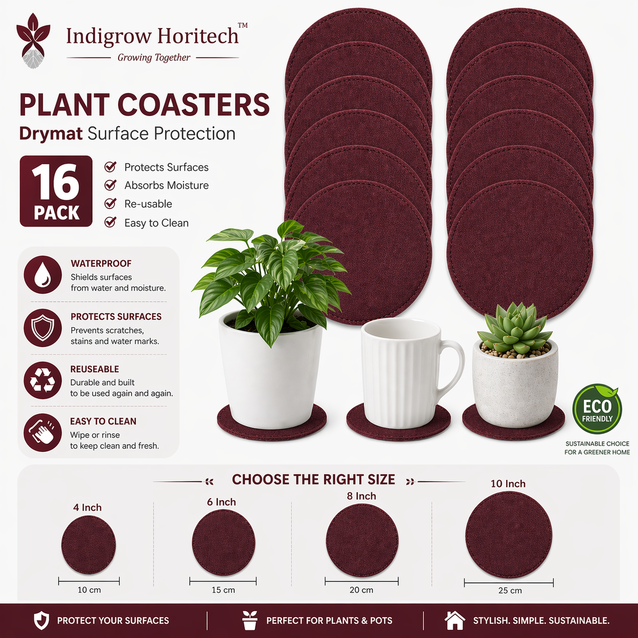 Indigrow Plant Coasters for Pots | Absorbent Fabric Mats with Waterproof Backing | Fast Drying | Protects Floors & Surfaces | Indoor & Outdoor Use | 6 Inches | Pack of 12