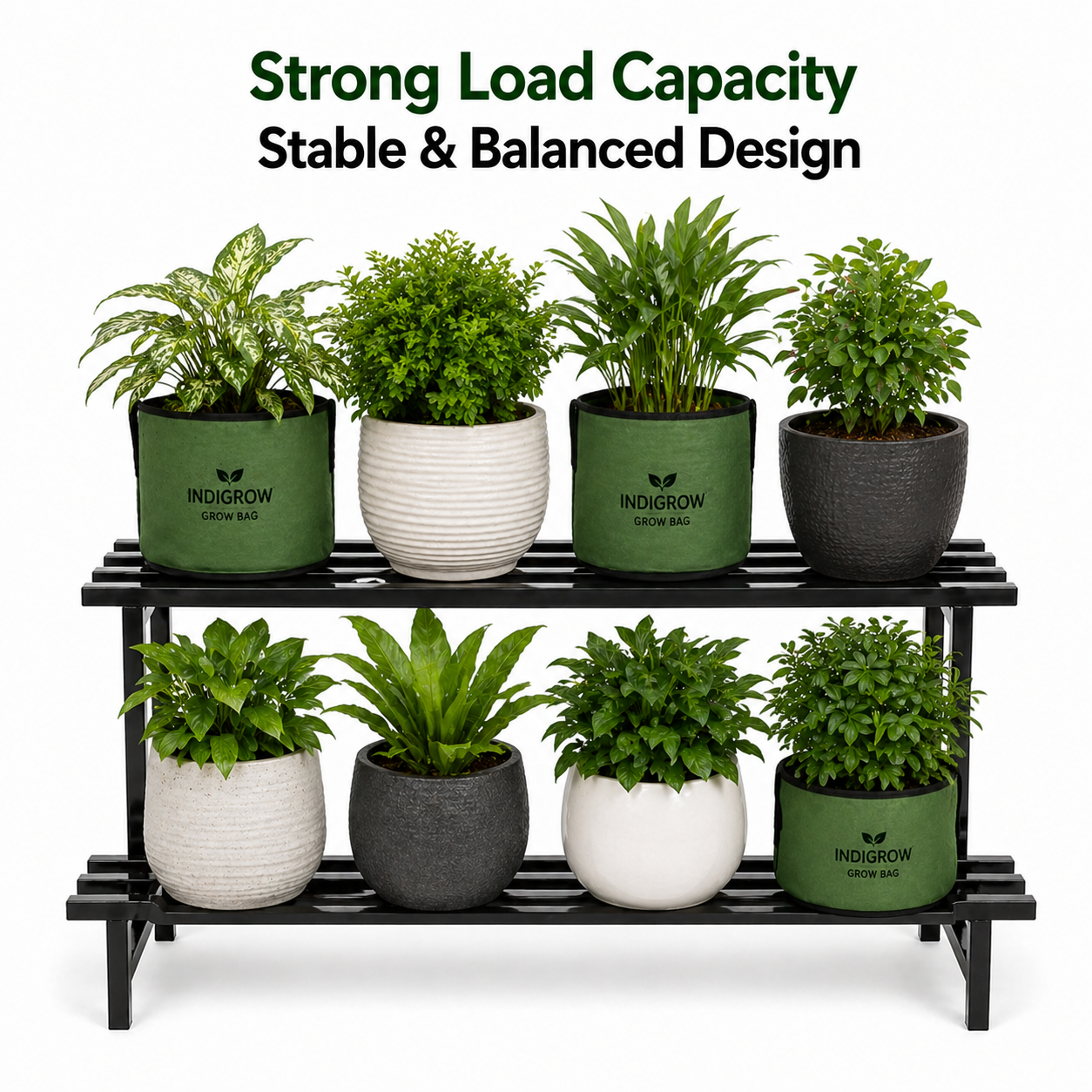 Indigrow 2 Tier Plant Stand Metal | Heavy Duty Square Tube Pot Stand | Multi Level Plant Holder for Indoor Outdoor Balcony | Modern Plant Display Rack (Black)