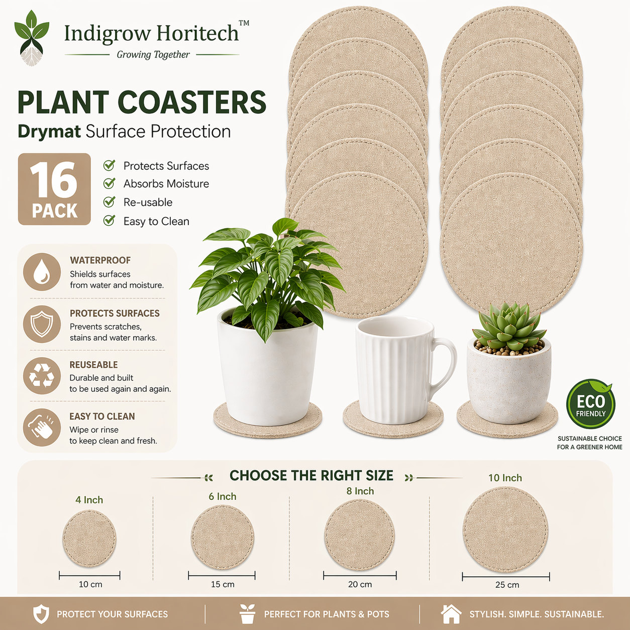 Indigrow Plant Coasters for Pots | Absorbent Fabric Mats with Waterproof Backing | Fast Drying | Protects Floors & Surfaces | Indoor & Outdoor Use | 6 Inches | Pack of 12