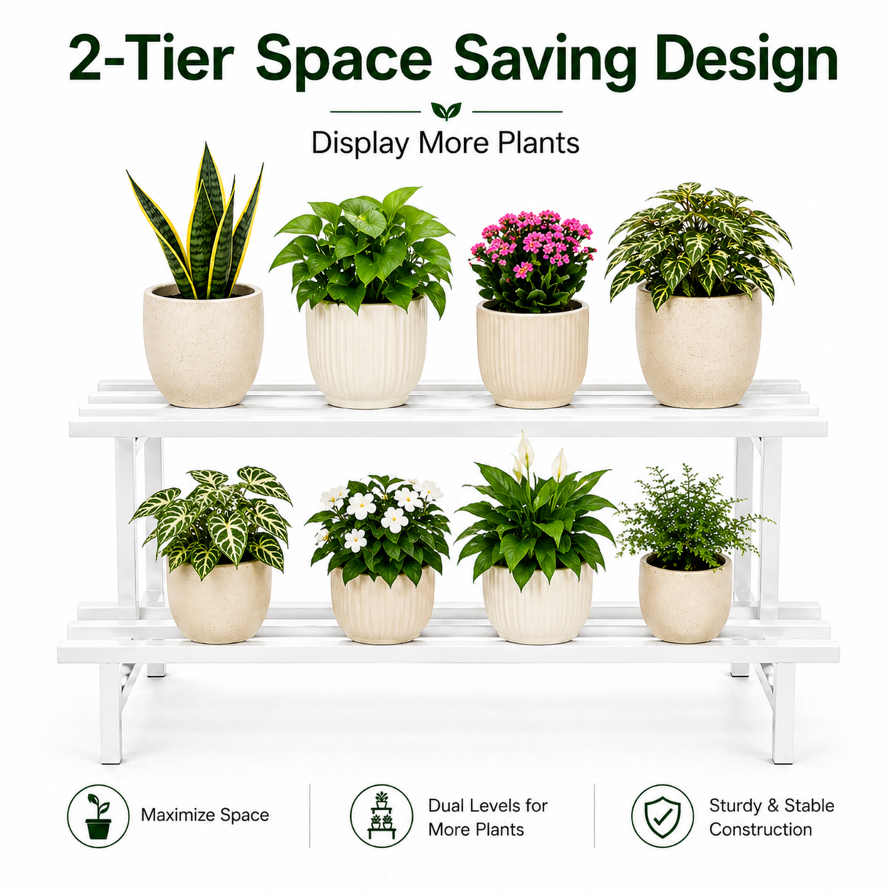 Indigrow 2 Tier Plant Stand Metal | Heavy Duty Square Tube Pot Stand | Multi Level Plant Holder for Indoor Outdoor Balcony | Modern Plant Display Rack (Black)