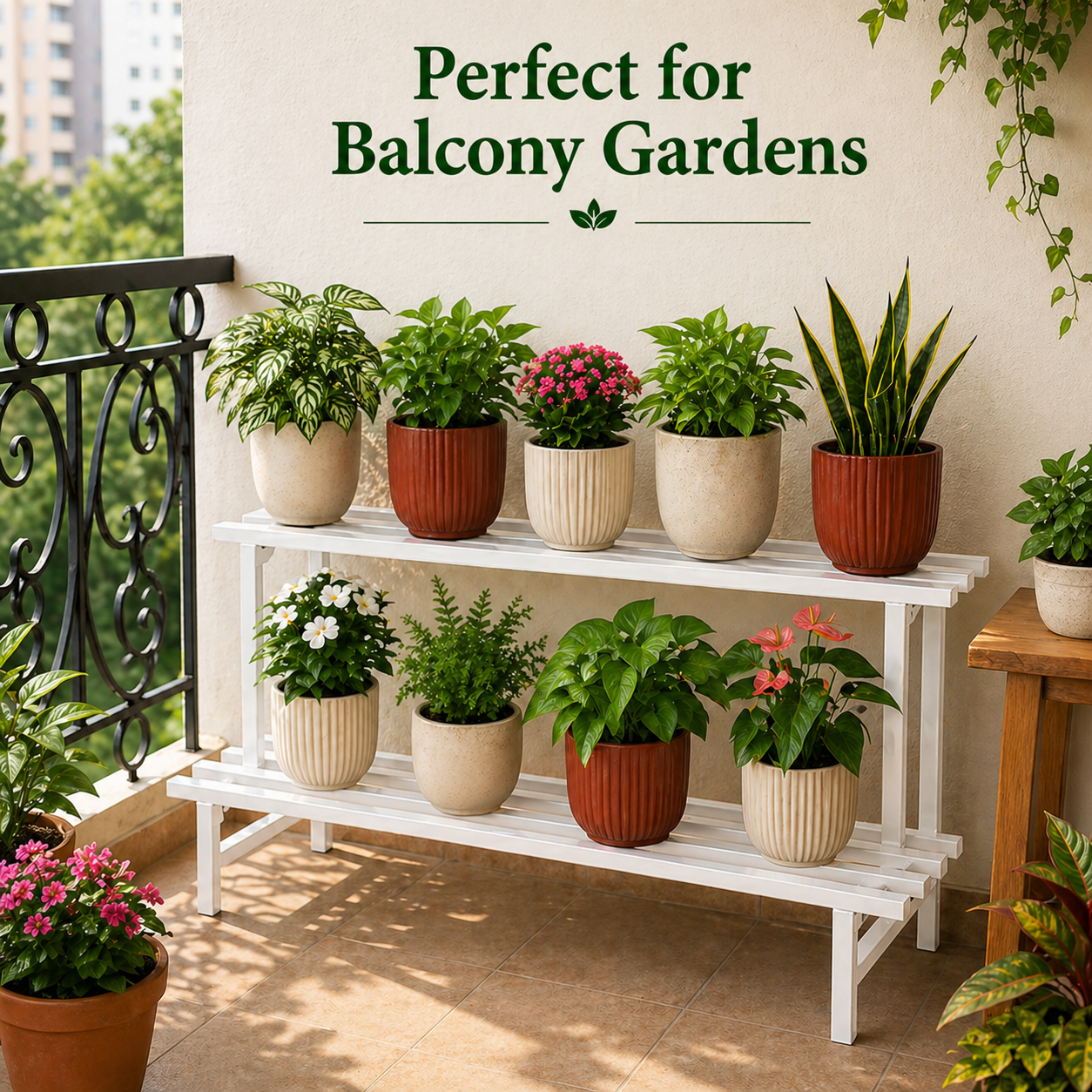 Indigrow 2 Tier Plant Stand Metal | Heavy Duty Square Tube Pot Stand | Multi Level Plant Holder for Indoor Outdoor Balcony | Modern Plant Display Rack (Black)