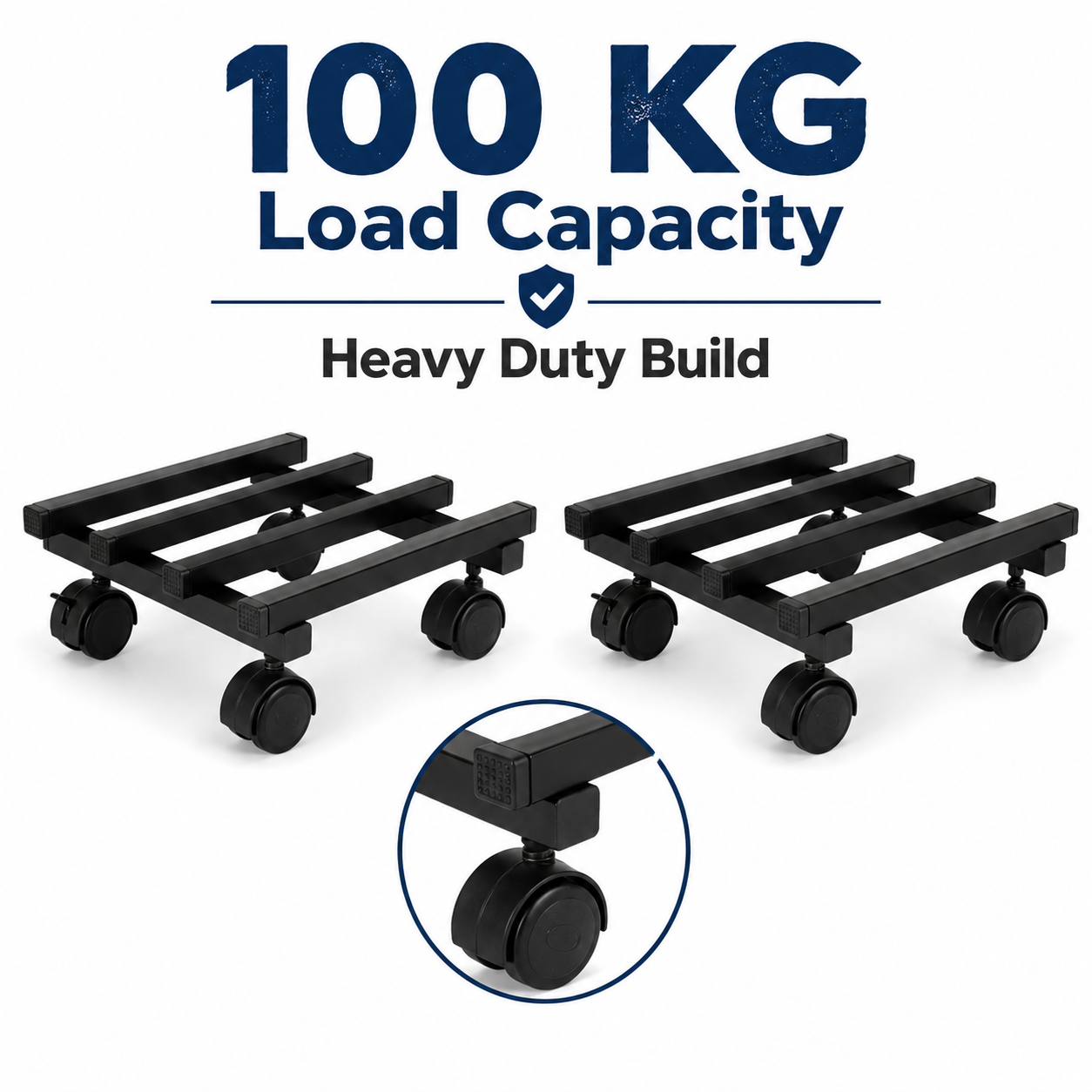 Indigrow Heavy Duty Square Plant Stand with Wheels, Black, Powder Coated Finish, Rectangular Shape, 100 kg Load Capacity (Black, Pack of 2)
