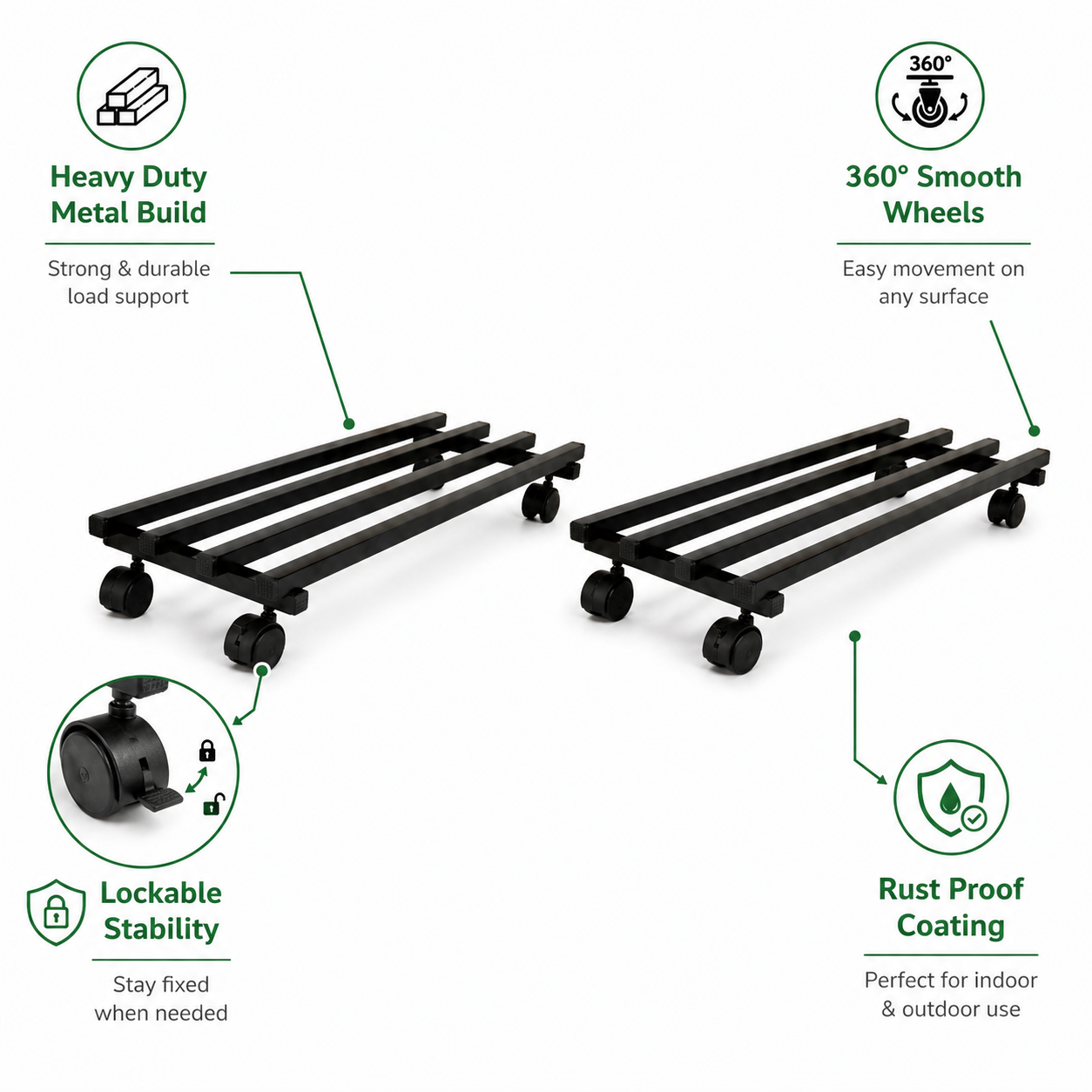 Indigrow Heavy Duty Plant Stand with Wheels | Wheel Pot Trolley for Balcony, Indoor & Outdoor | Rust-Proof Metal Stand (Black) Rectangular Caddy