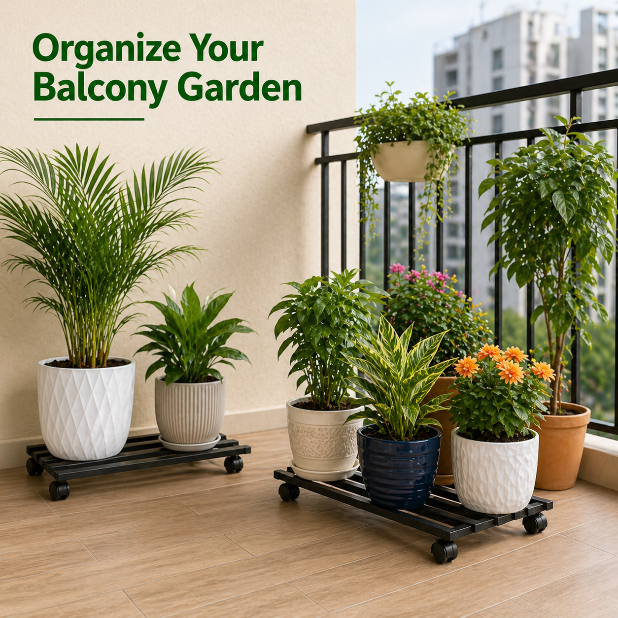 Indigrow Heavy Duty Plant Stand with Wheels | Wheel Pot Trolley for Balcony, Indoor & Outdoor | Rust-Proof Metal Stand (Black) Rectangular Caddy