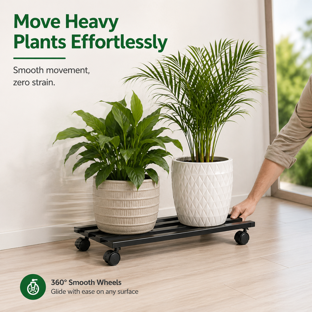 Indigrow Heavy Duty Plant Stand with Wheels | Wheel Pot Trolley for Balcony, Indoor & Outdoor | Rust-Proof Metal Stand (Black) Rectangular Caddy