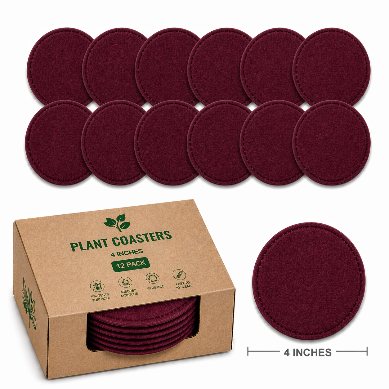 Indigrow Plant Coasters for Pots | Absorbent Fabric Mats with Waterproof Backing | Fast Drying | Protects Floors & Surfaces | Indoor & Outdoor Use | 4 Inches | Pack of 12