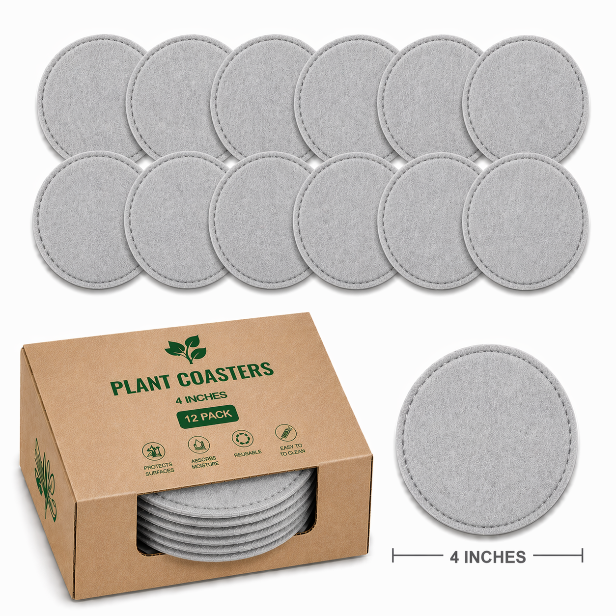 Indigrow Plant Coasters for Pots | Absorbent Fabric Mats with Waterproof Backing | Fast Drying | Protects Floors & Surfaces | Indoor & Outdoor Use | 4 Inches | Pack of 12