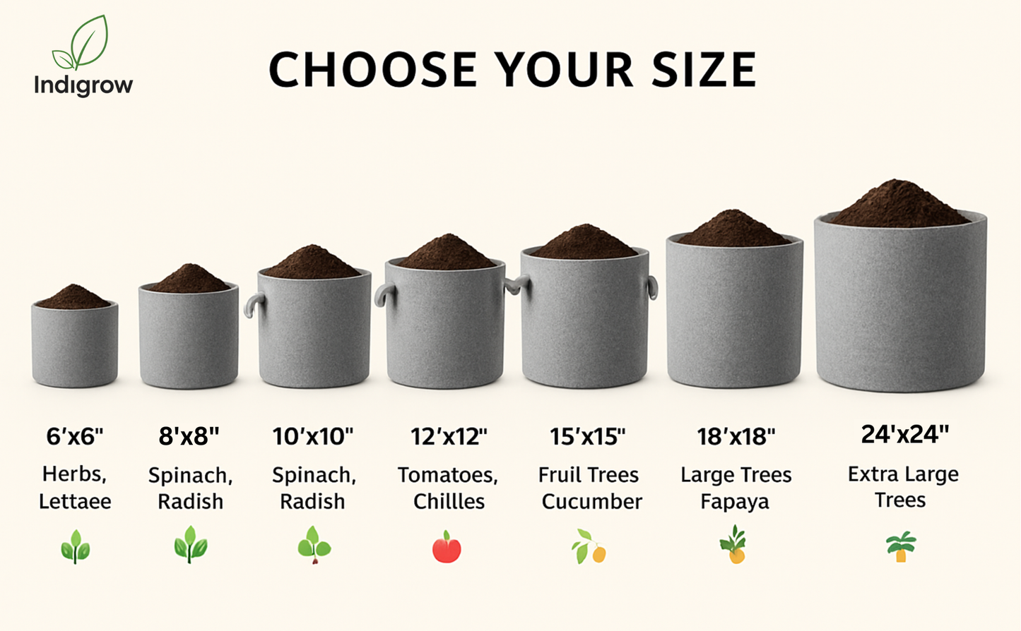 Indigrow Superior Geo Fabric Grow Bag 15x15 Inch | 400 GSM Heavy Duty | UV Protected | Large Breathable Fabric Pot with Handles | For Brinjal, Capsicum, Bottle Gourd, Climbing Vegetables & Fruit Plants