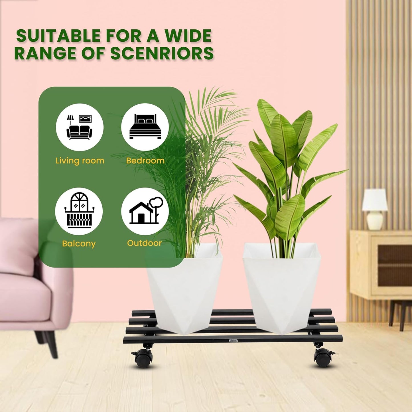 Indigrow Hortitech Heavy Duty Plant Stand with Wheels | Wheel Pot Trolley for Balcony, Indoor & Outdoor | Rust-Proof Metal Gamla Stand (Black) Rectangular Caddy Pack of 4