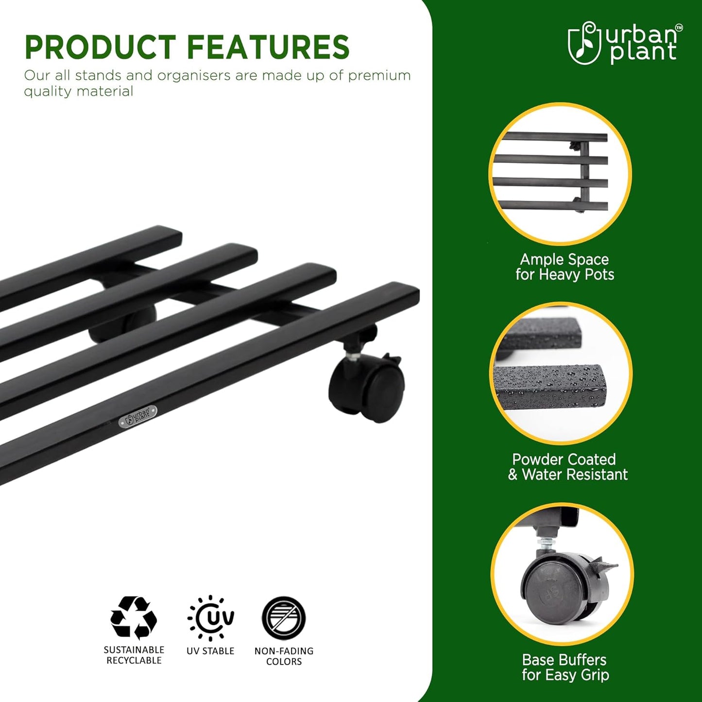 Indigrow Hortitech Heavy Duty Plant Stand with Wheels | Wheel Pot Trolley for Balcony, Indoor & Outdoor | Rust-Proof Metal Gamla Stand (Black) Rectangular Caddy Pack of 4