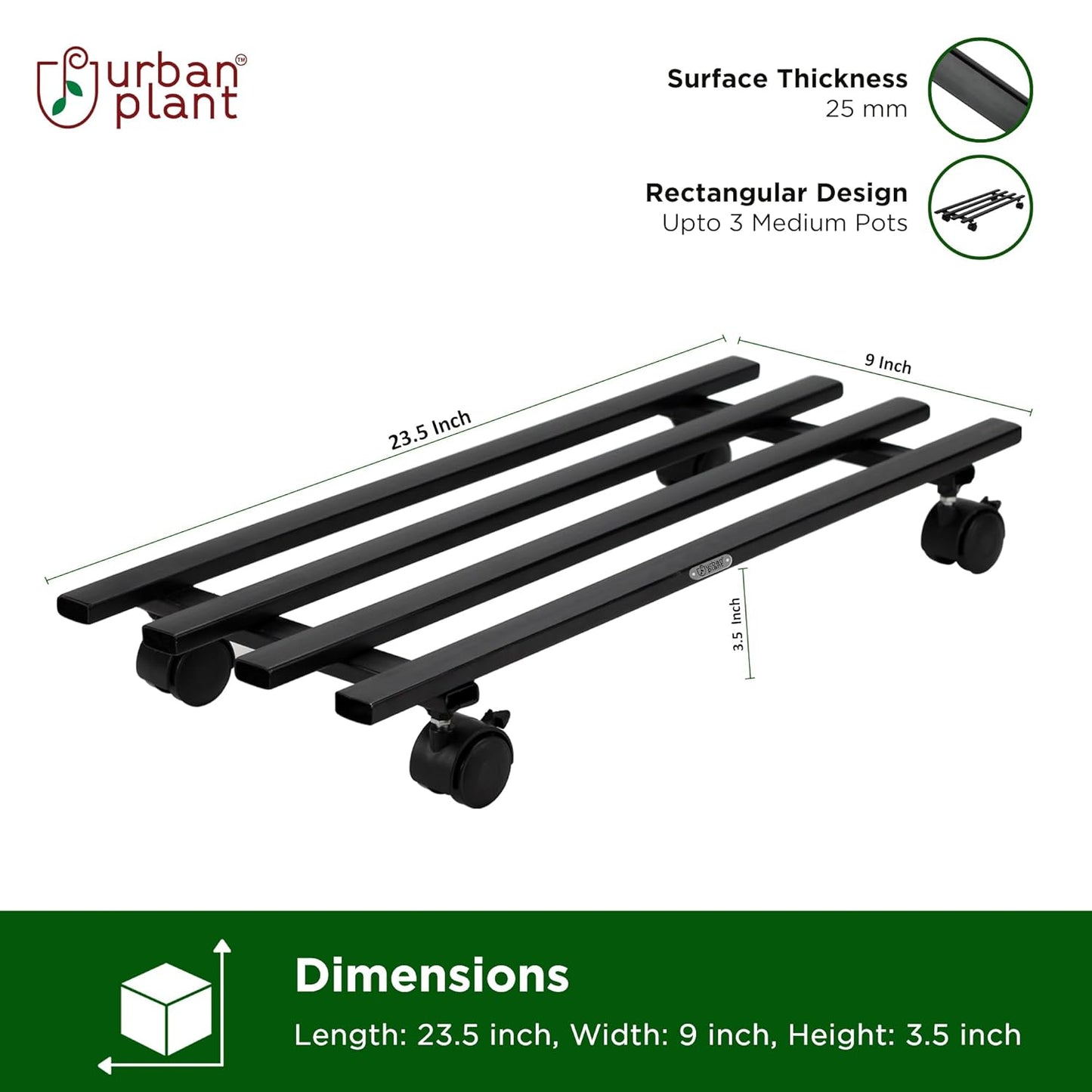 Indigrow Hortitech Heavy Duty Plant Stand with Wheels | Wheel Pot Trolley for Balcony, Indoor & Outdoor | Rust-Proof Metal Gamla Stand (Black) Rectangular Caddy Pack of 4