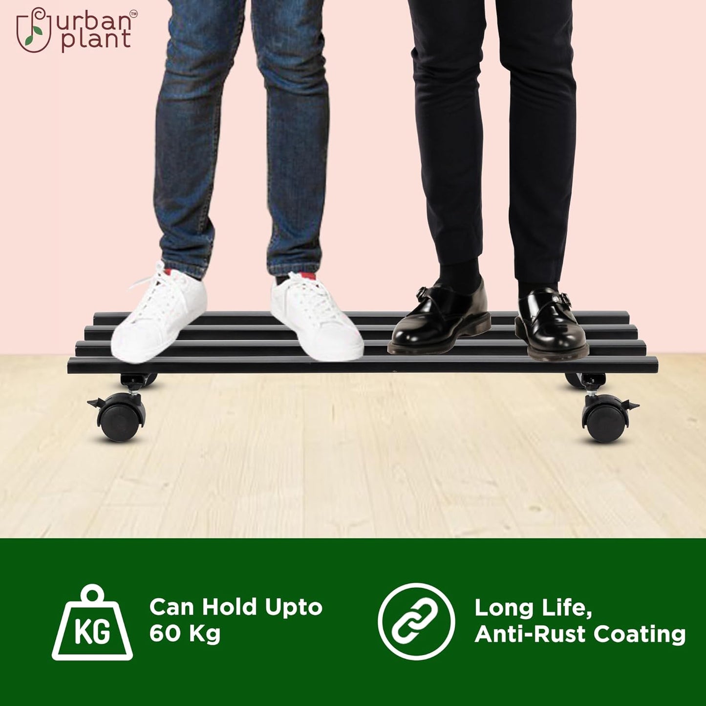 Indigrow Hortitech Heavy Duty Plant Stand with Wheels | Wheel Pot Trolley for Balcony, Indoor & Outdoor | Rust-Proof Metal Gamla Stand (Black) Rectangular Caddy Pack of 4